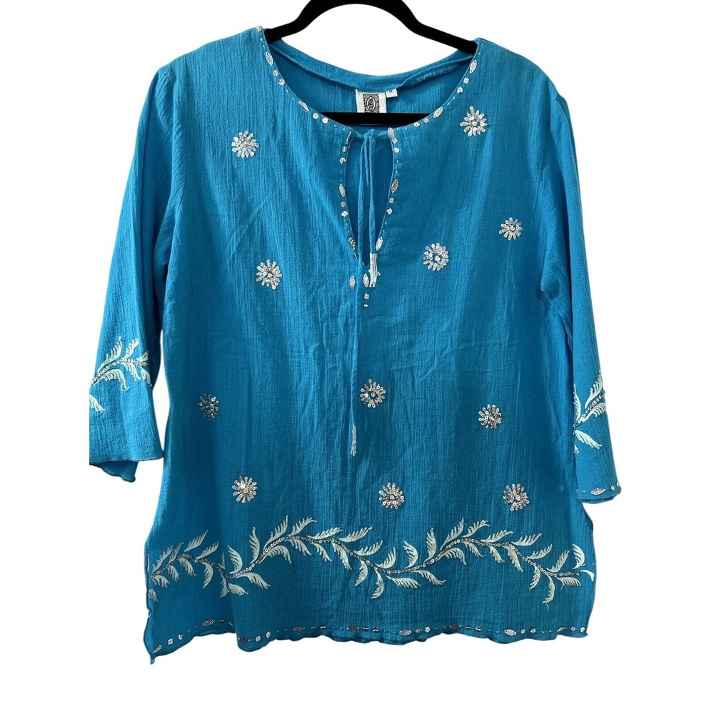 Usindo Linen Blend Sequin Tunic M Turquoise Blue Embroidered Boho Coastal Resort